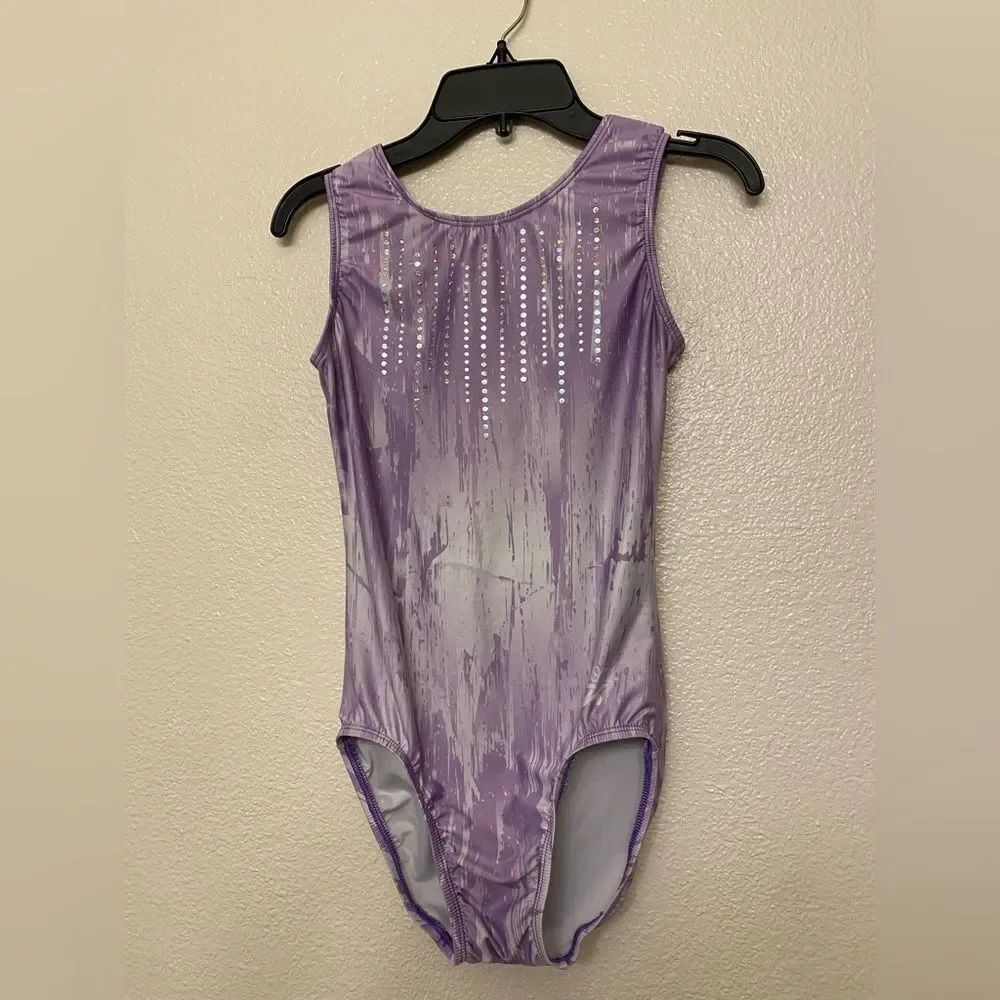 GK elite gymnastics competition leotard sleeveless lavender sequin MA adult